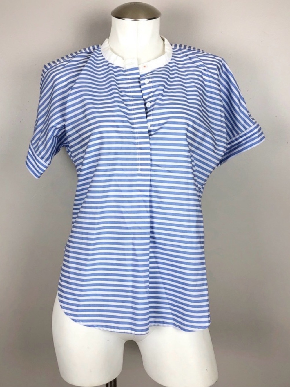 J. Crew XS 100% Cotton Blue and White Striped Short-Sleeve Tunic Popover Top